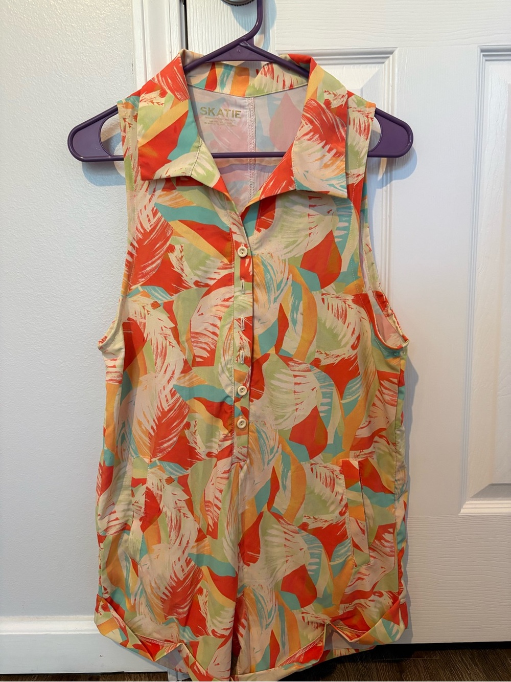 Skatie Coral Mint Cream Tropical Button-Front romper
